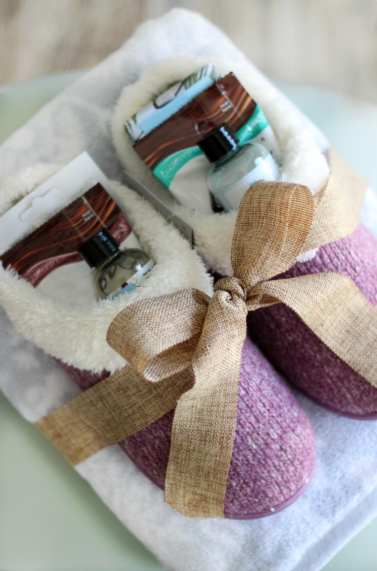 slippers on towel wrapped in a burlap ribbon for mothers day pampering gift