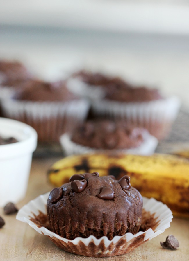 chocolate banana muffin with open muffin wrapper