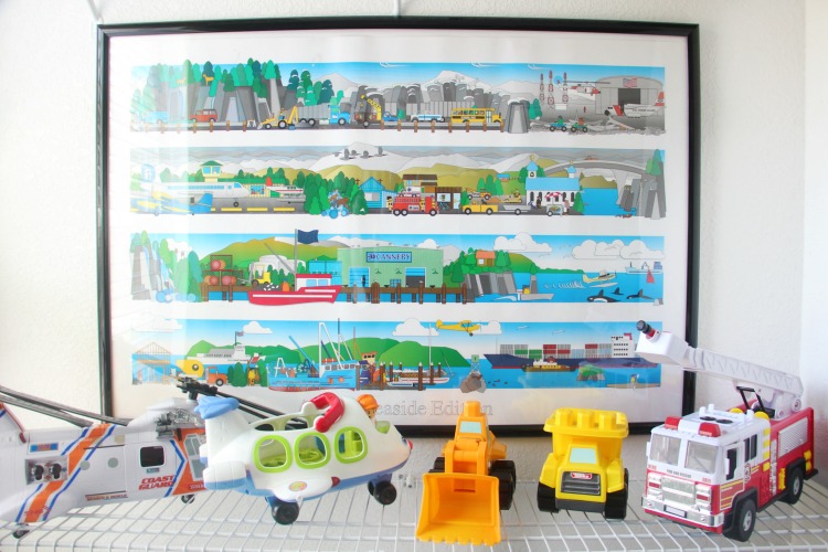 vehicles wall decor in toddler bedroom closet