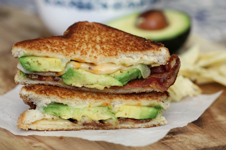 avocado bacon grilled cheese sandwich stacked