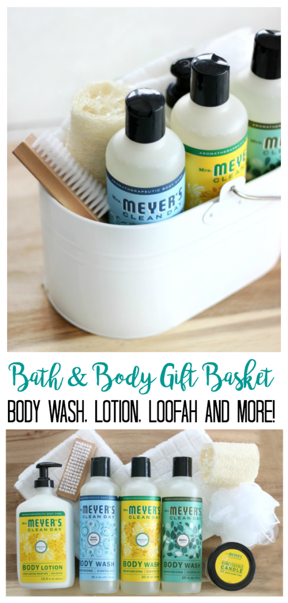 A bath and body gift basket filled with a collection of Mrs. Meyer's Clean Day Body Wash, lotion, body pouf, soft wash cloths and more! Perfect for pampering! @mrsmeyersclean
