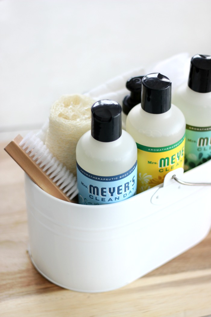 This Mother's Day pamper mom with a bath and body gift basket filled with a collection of Mrs. Meyer's Clean Day Body Wash, lotion, body pouf, soft wash cloths and more! 