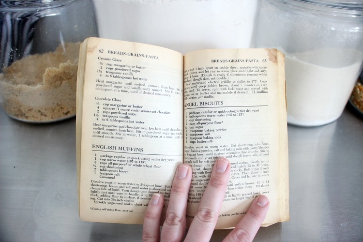 open cookbook with recipe on how to make english muffins