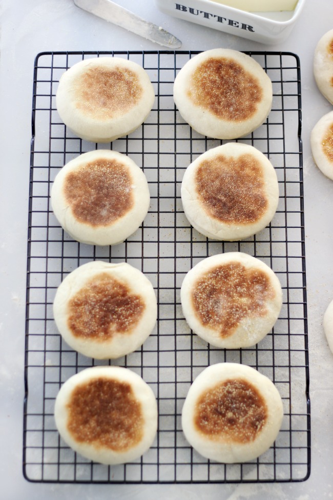 finished english muffins on cooling rack