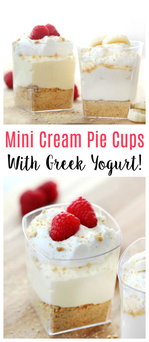 A mini cream pie in a cup that come together in just minutes! A layer of graham crackers, a layer of Greek yogurt and whipped cream! Perfect for parties.