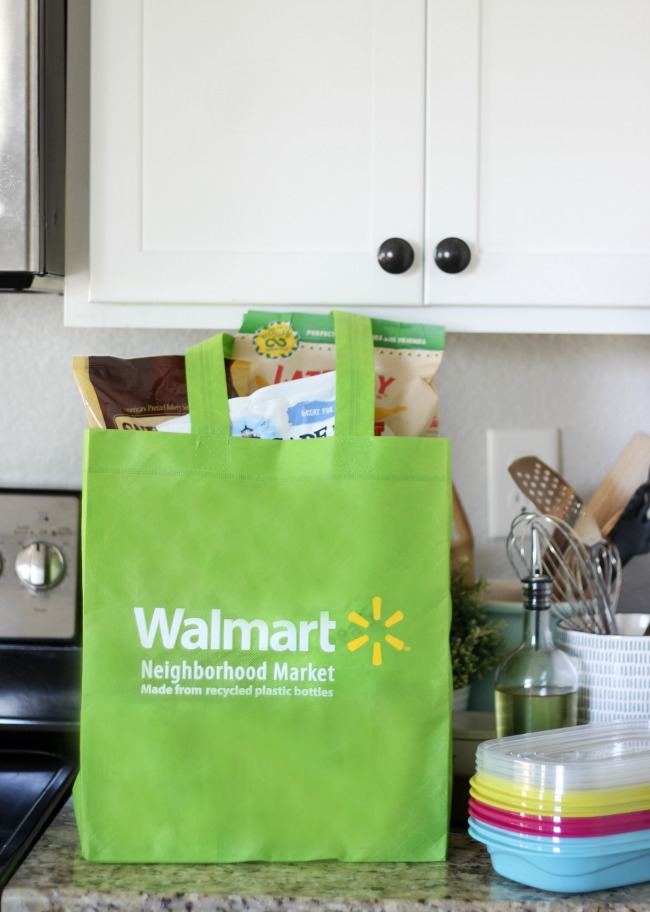 walmart bag with road trip snacks inside