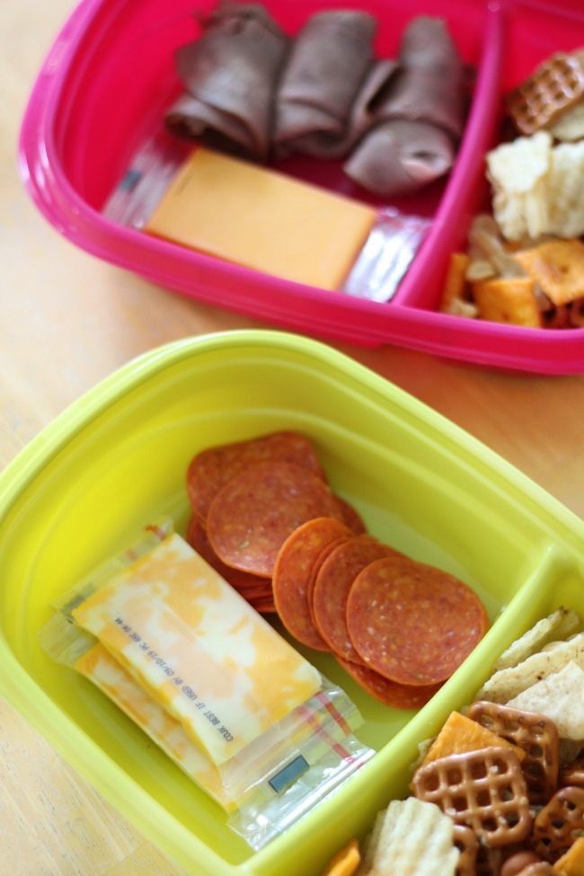 savory road trip snacks cheese, pepperoni and pretzel snack mix