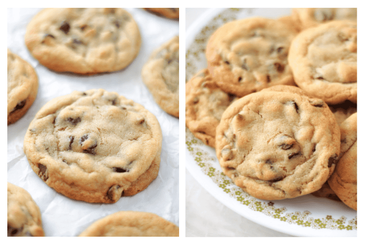 chocolate chip cookies on parchment paper and on plate