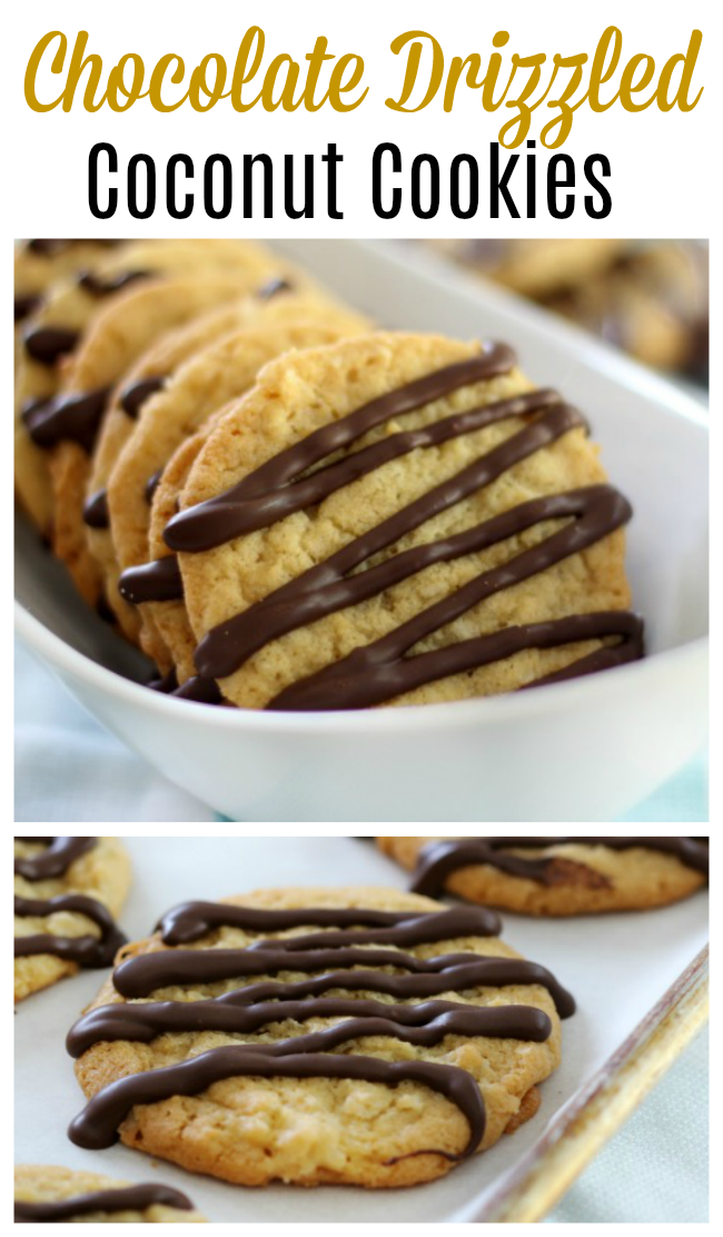 collage of crispy coconut cookies with chocolate drizzle