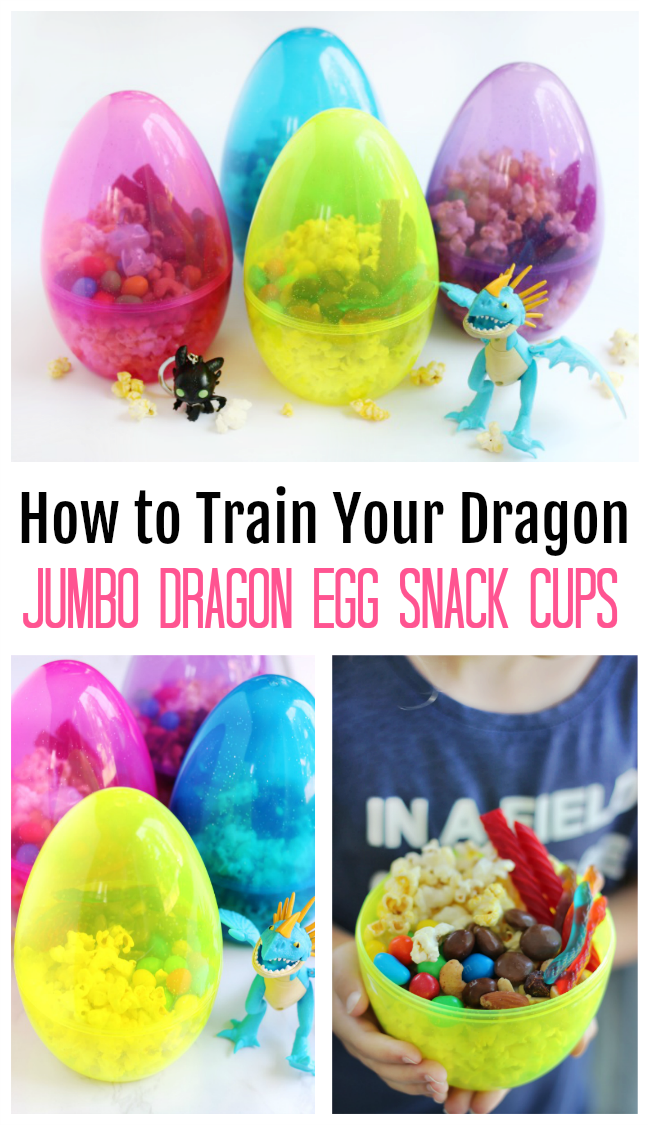 Giant Easter eggs work great as dragon egg snack cups! Perfect for How to Train Your Dragon parties, movie nights, and activities!