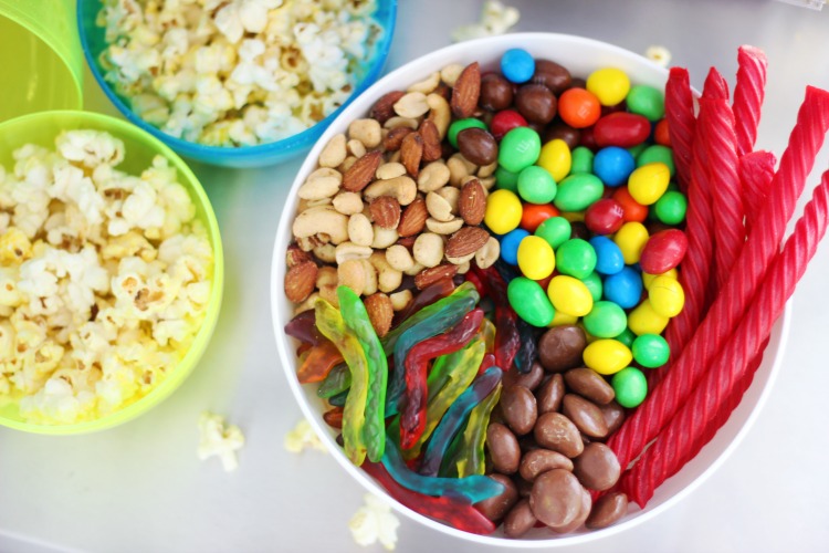 bowl of popcorn and movie candies