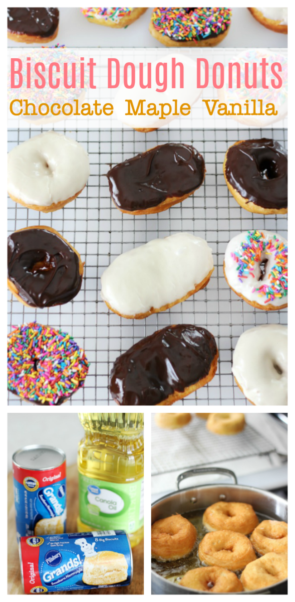 Make donut shop donuts in your home in under 20 minutes! Biscuit dough donuts are easy to make and so yummy dipped in chocolate, maple or vanilla icing! 
