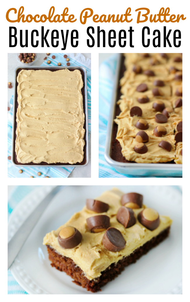 A classic Texas sheet cake spread with whipped peanut butter frosting and topped with mini buckeye candies. Chocolate peanut butter sheet cake is dessert perfection!