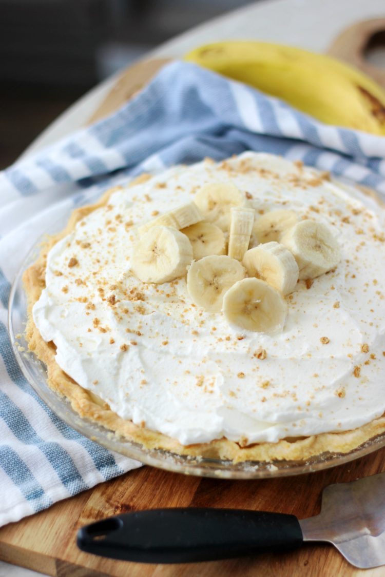 banana cream pie on cutting board