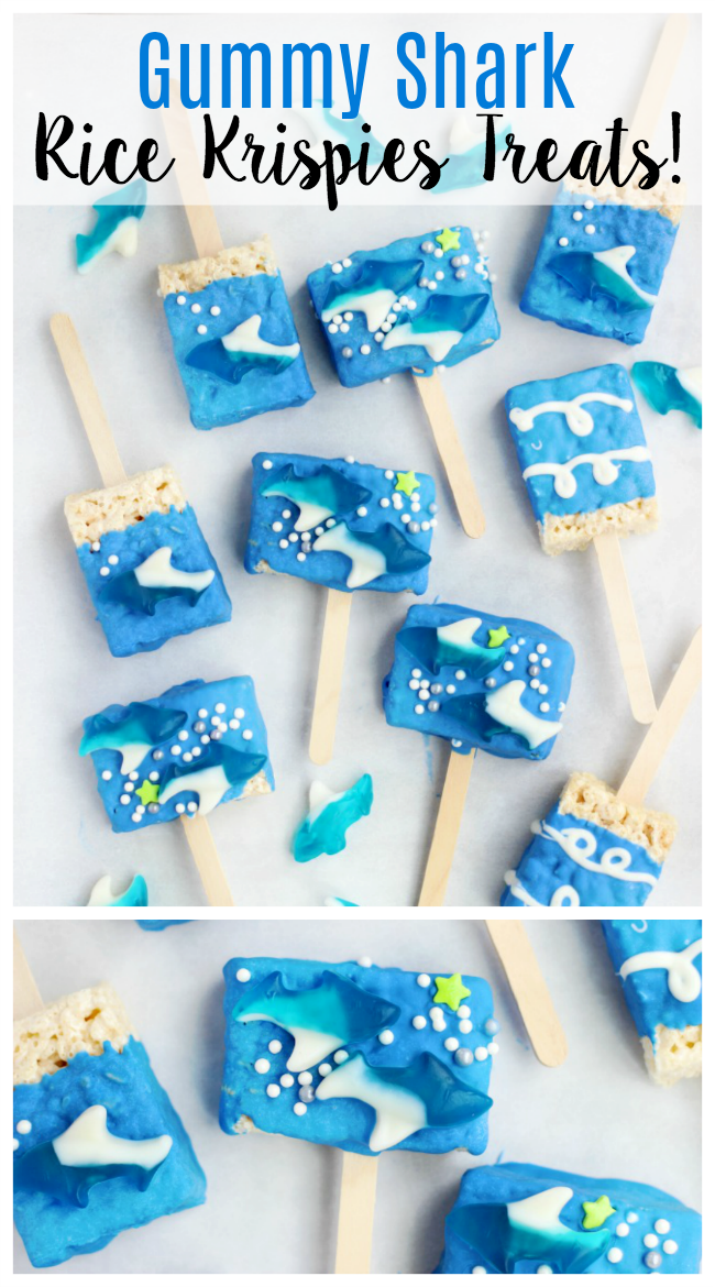 Gummy Shark Rice Krispies treats are the perfect snack for Shark Week! They are easy for kids to make and customize with melting chocolate, gummy sharks and sprinkles!