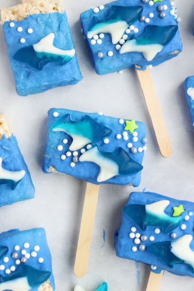 shark rice krispies treats arranged on a baking sheet