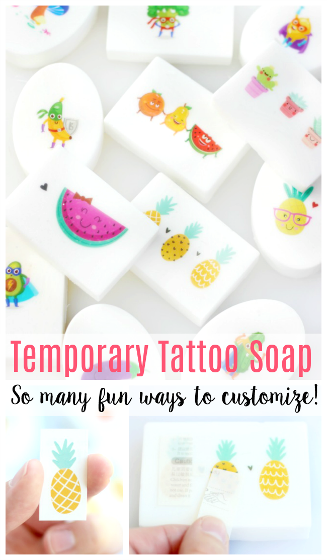 DIY tattoo soap bars are easy for kids to make, and the temporary tattoo stays on the bar of soap even after many washings! Add fun scents, too!