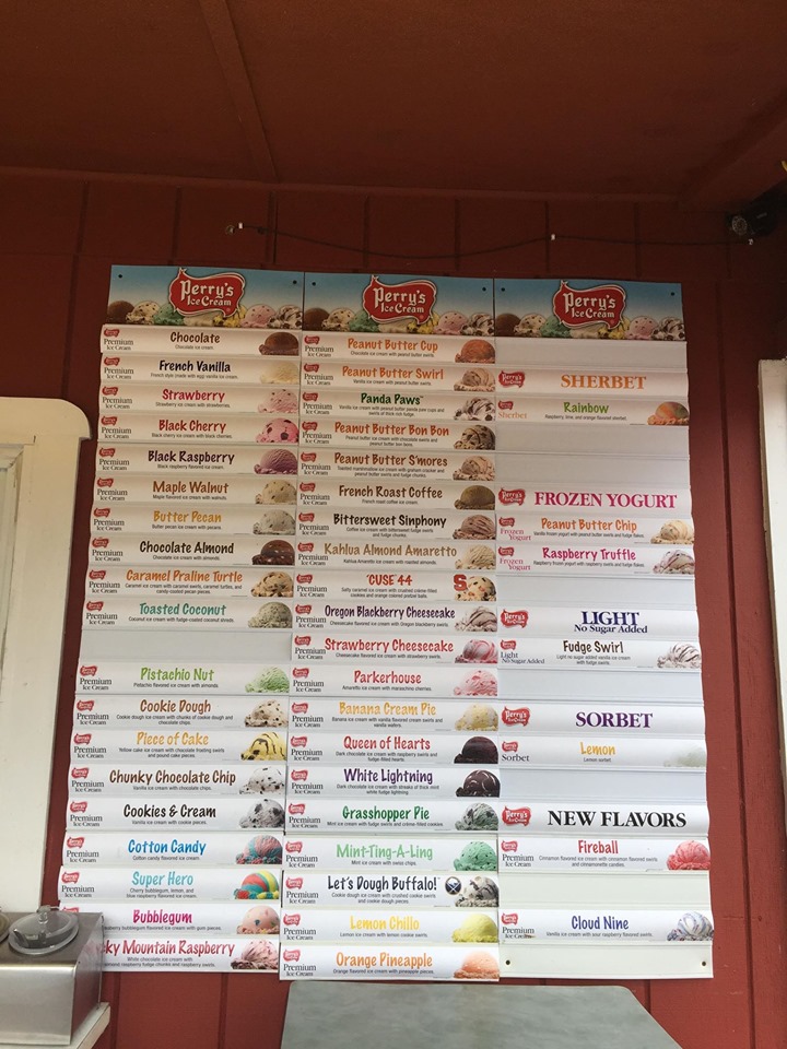 perry's ice cream menu hanging in restaurant