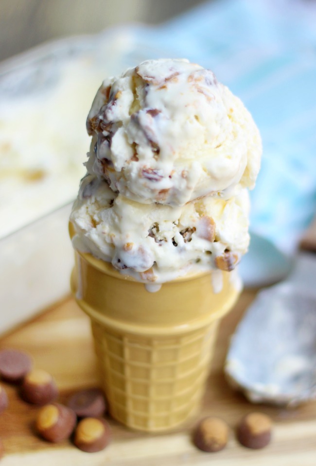 ice cream cone with two scoops of buckeye ice cream