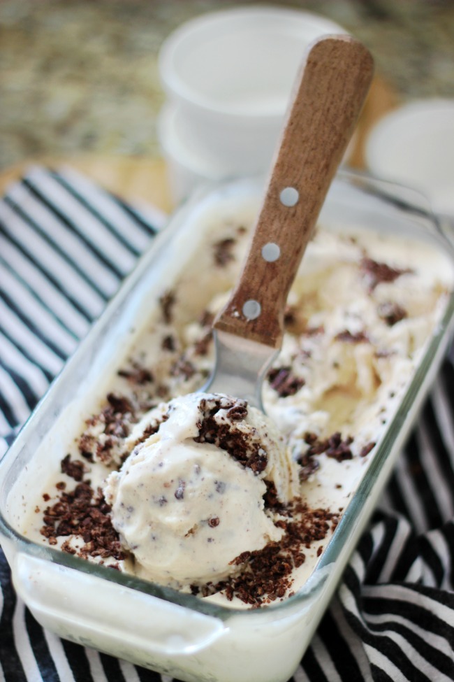 loaf pan with ice cream and scoops of coconut ice cream