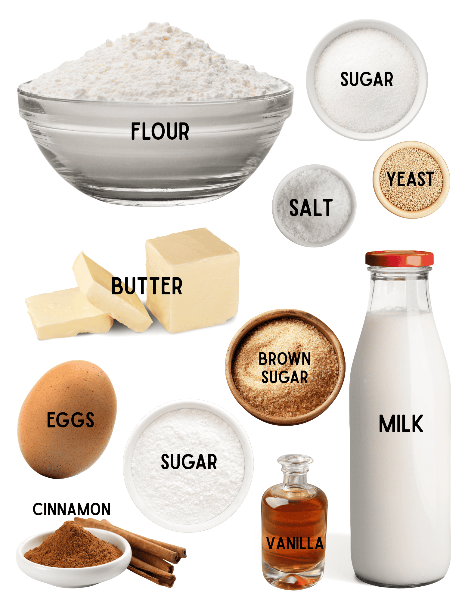 Bowls of flour, sugar, salt, yeast, sugar, cinnamon, brown sugar, bottle of milk, vanilla, an egg and a stick of butter.