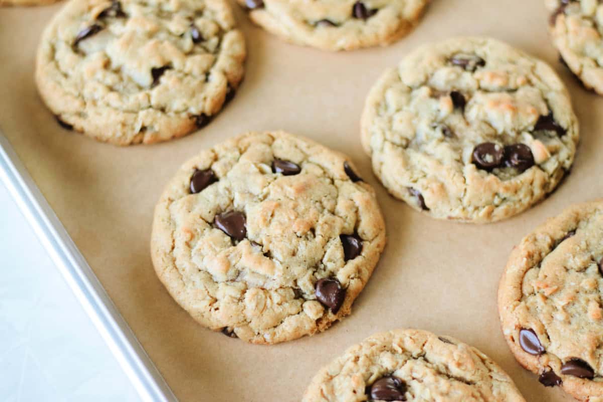 Baking sheet of oatmeal chocolate chip cookies.