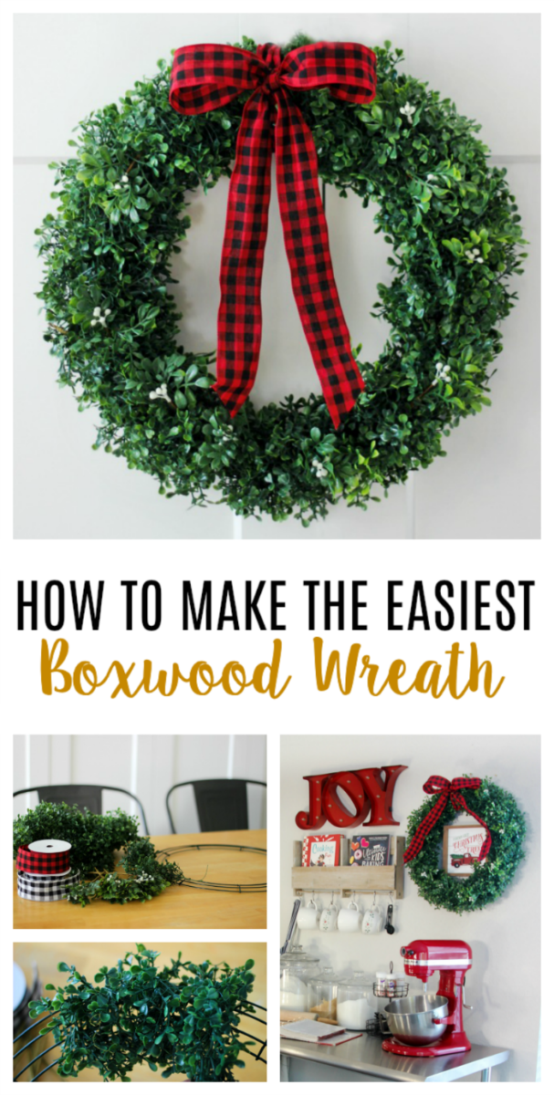 boxwood wreath with buffalo checked ribbon