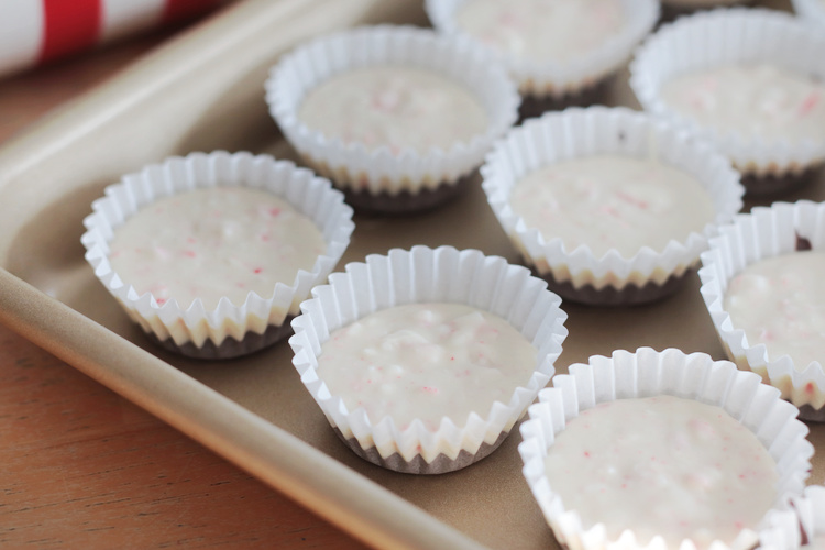 tray of peppermint bark cups in mini muffin liners