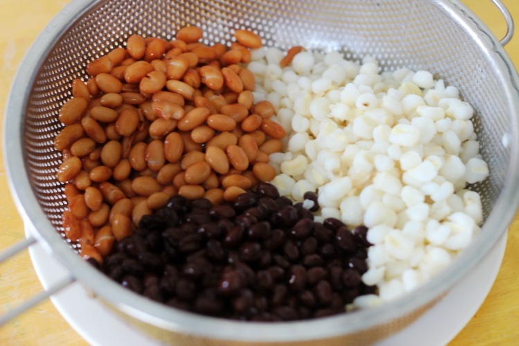 colander with beans and hominy rinsed and drained