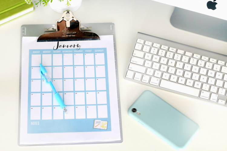 2020 printable calendar pages on a clip board