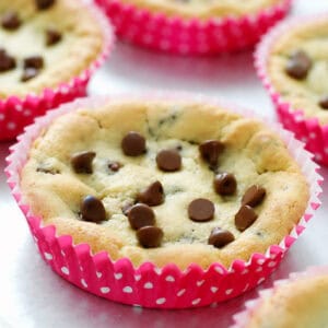 Deep dish cookies in pink polka dot baking liners.
