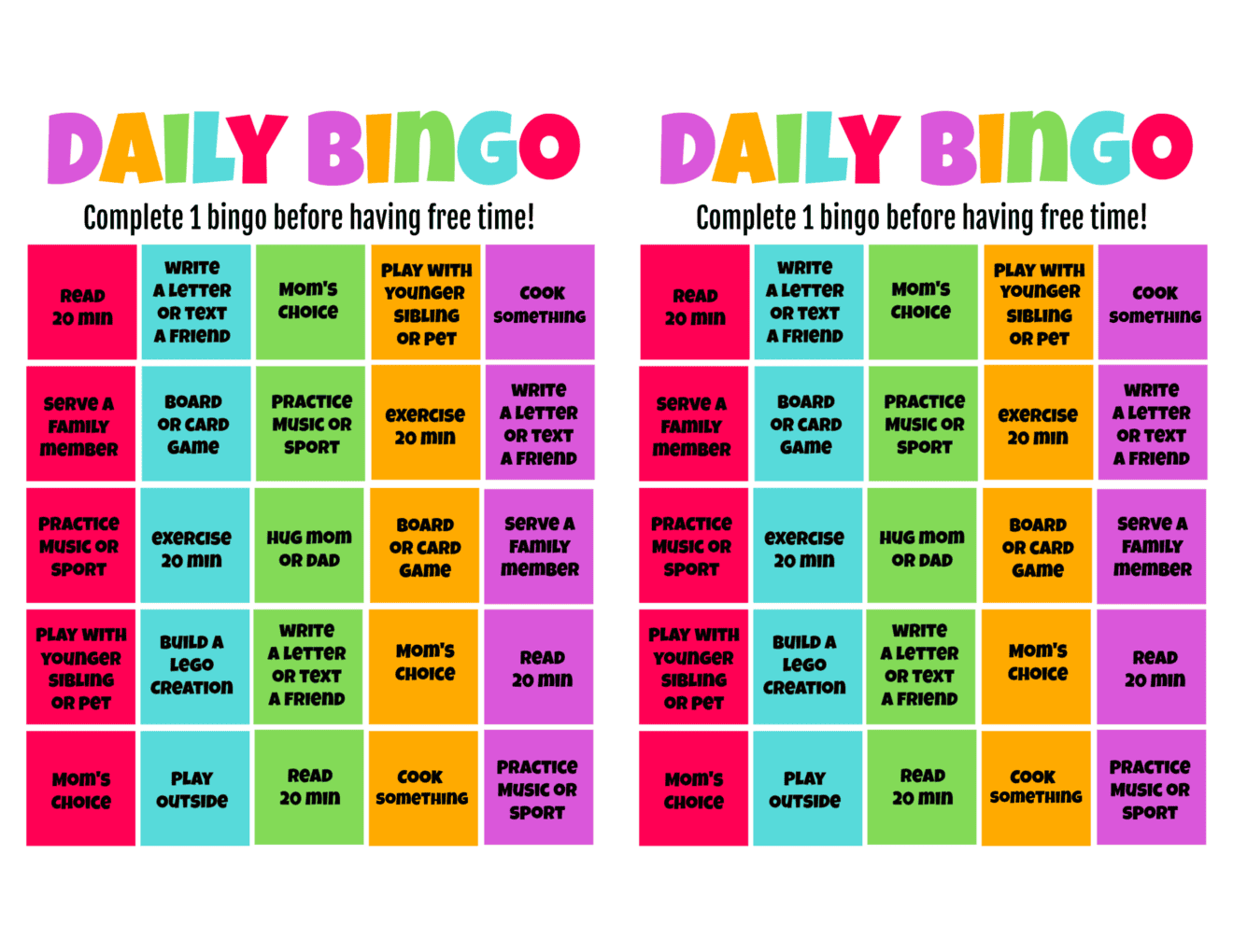 Daily Bingo Activity Cards for Kids Fun Daily Activities Gluesticks Blog