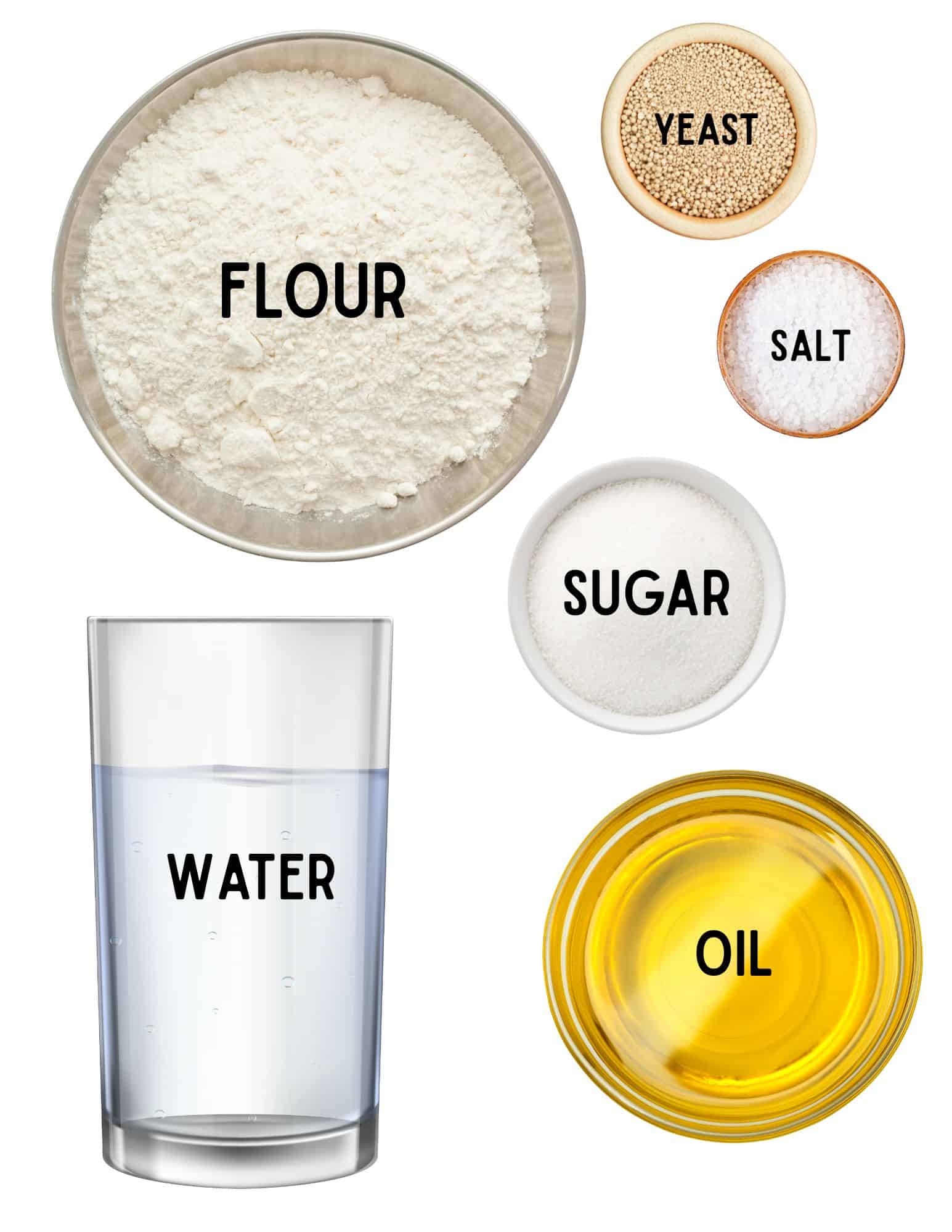 Bowls of flour, yeast, salt, sugar, oil, and a cup of water.