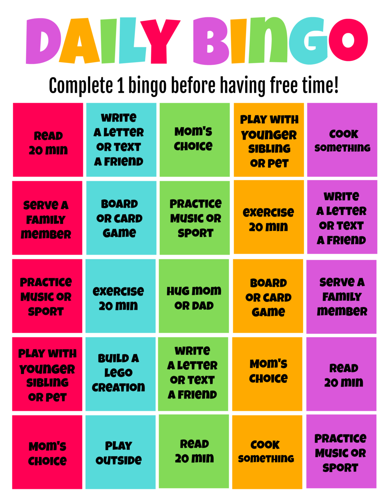 Daily Schedule Chart In 2020 Bingo Card Games Bingo Cards | Images and ...