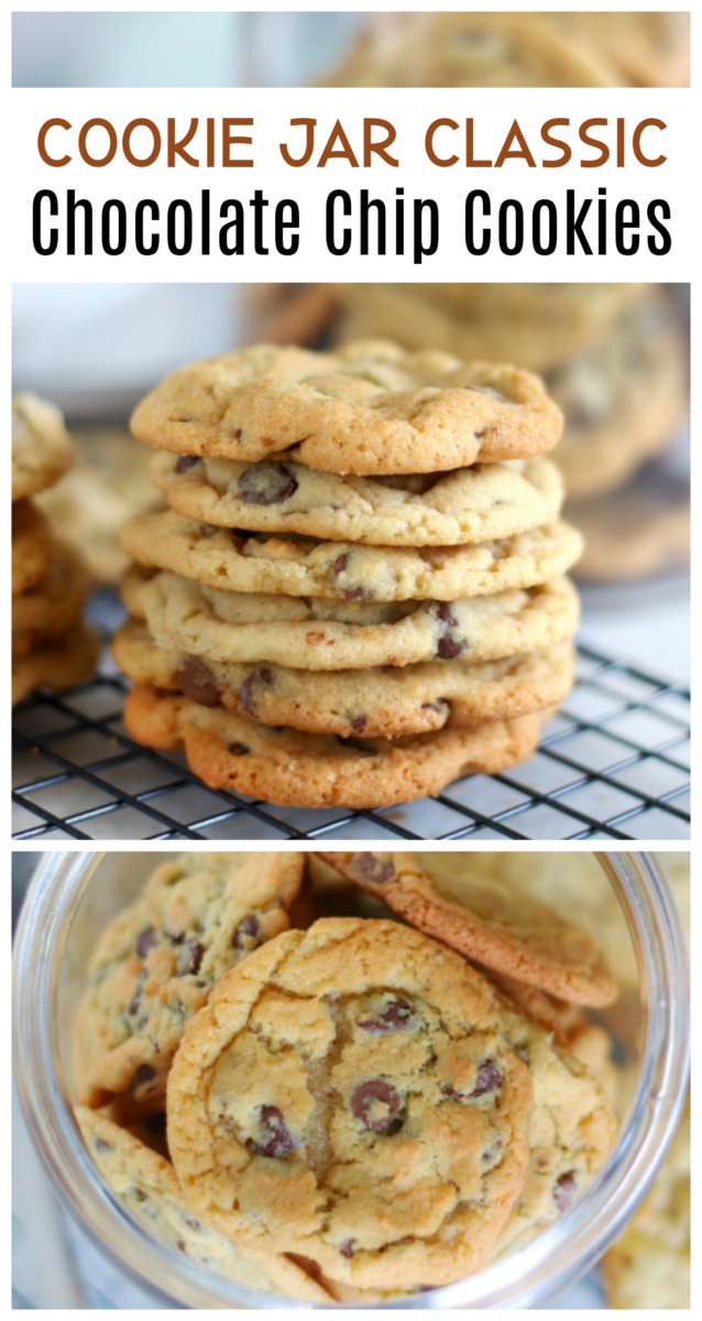 chocolate chip cookies stacked and in a jar