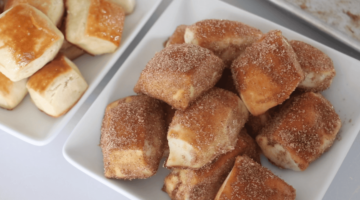 Pretzel bites on white plate.