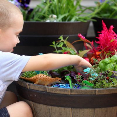toddler playing with dinosaur garden