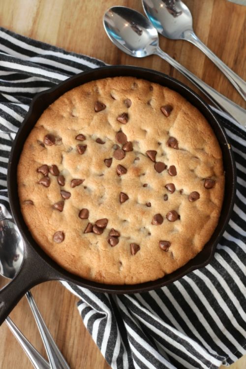 chocolate chip cookie in skillet