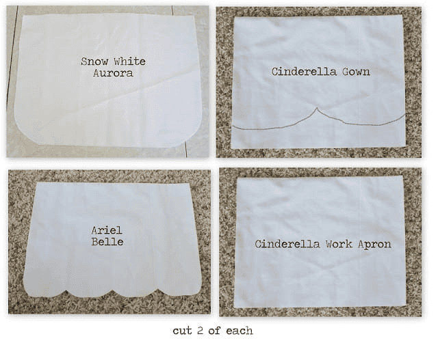 4 apron front cut in different designs of white fabric.