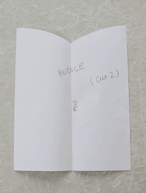 Piece of copy paper folded in half then opened again with "v" shape cut from front to look like bodice.