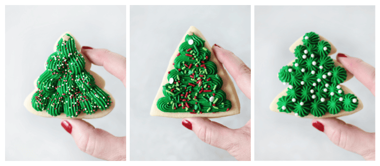 collage of hand holding different christmas tree cookies