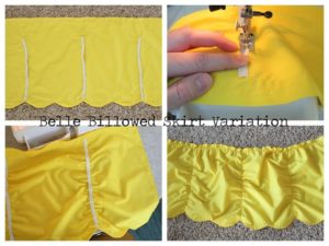 yellow fabric skirt with elastic sewn in vertical rows
