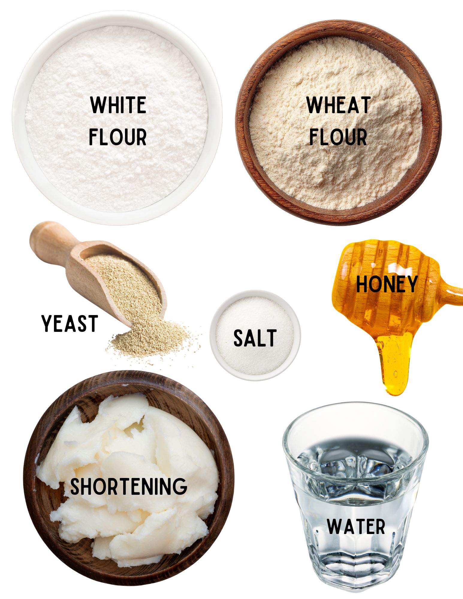Bowls of white flour, wheat flour, yeast, honey, salt, shortening, and a cup of water.