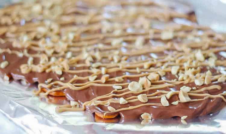 Toffee spread with chocolate and melted peanut butter chips.