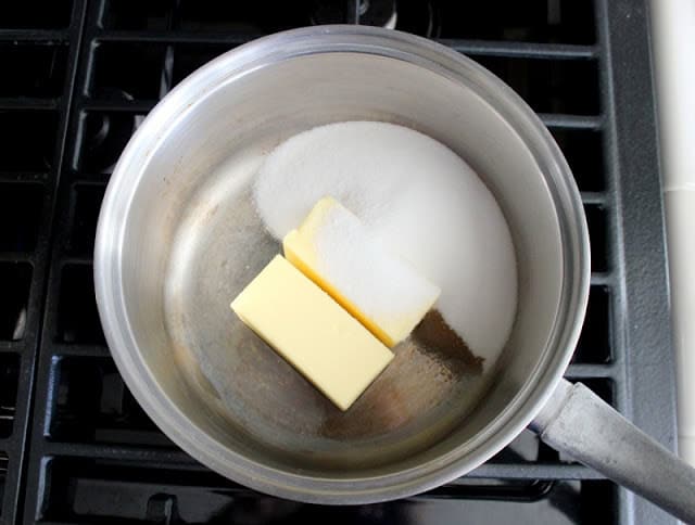 Sugar, butter, vanilla and salt in saucepan.