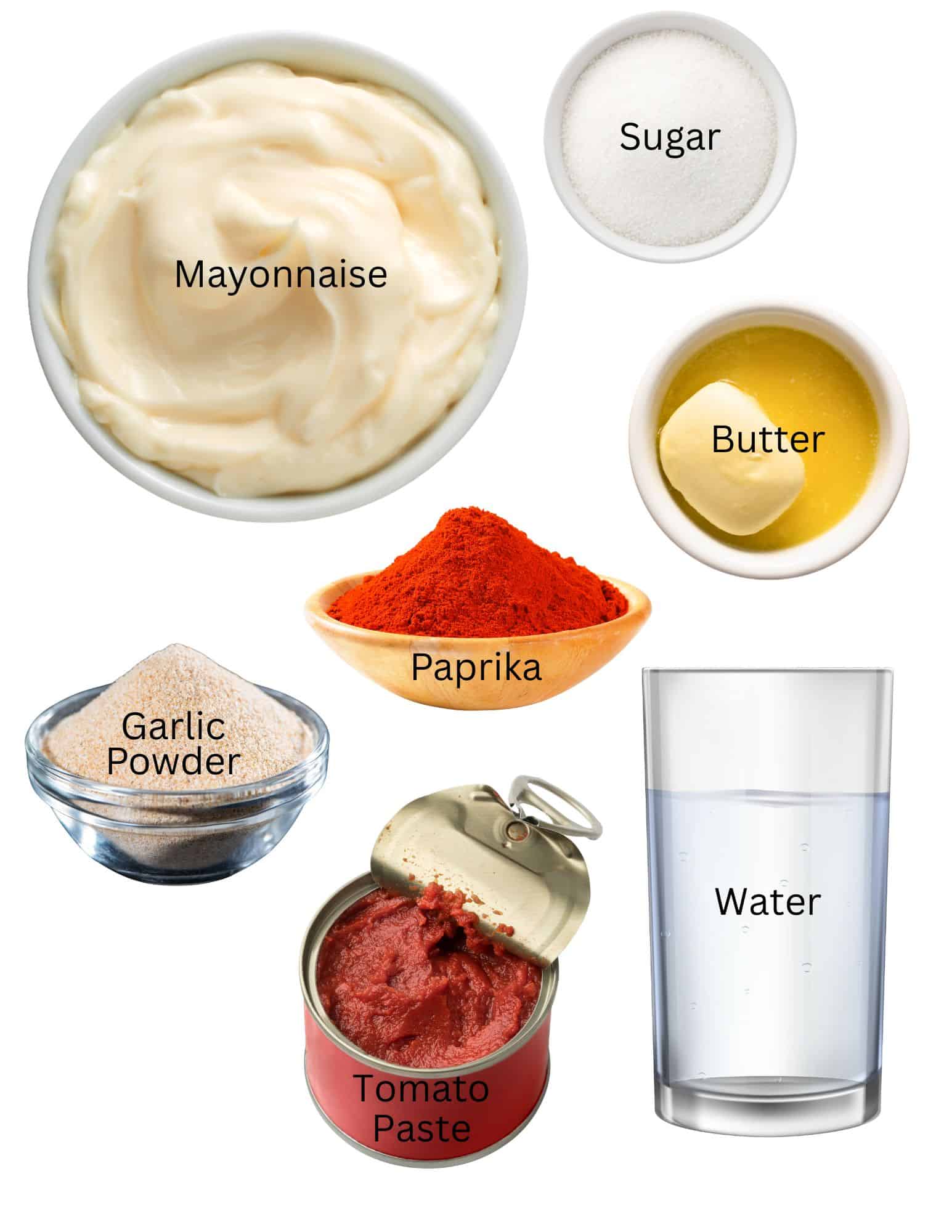 Bowls of mayonnaise, sugar, butter, paprkika, water, tomato paste, garlic powder.