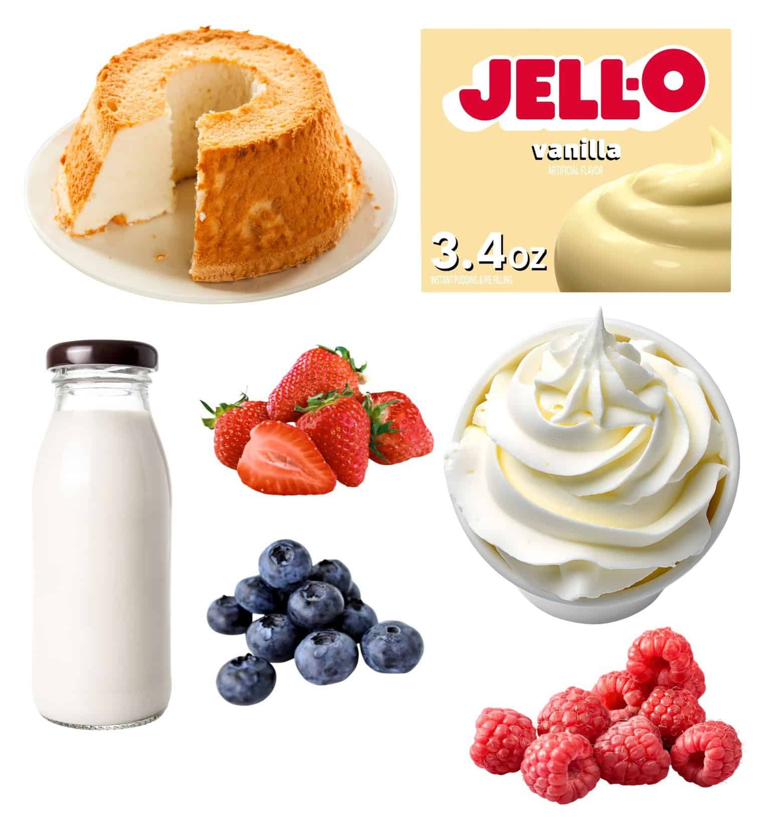 Angel food cake, box of vanilla pudding, bottle of milk, bowl of whipped cream, strawberries, blueberries, raspberries.