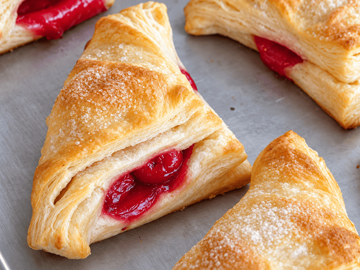 Baked cherry turnovers on baking sheet.
