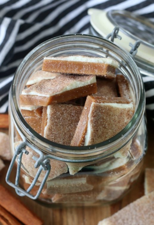 jar open with churro toffee inside
