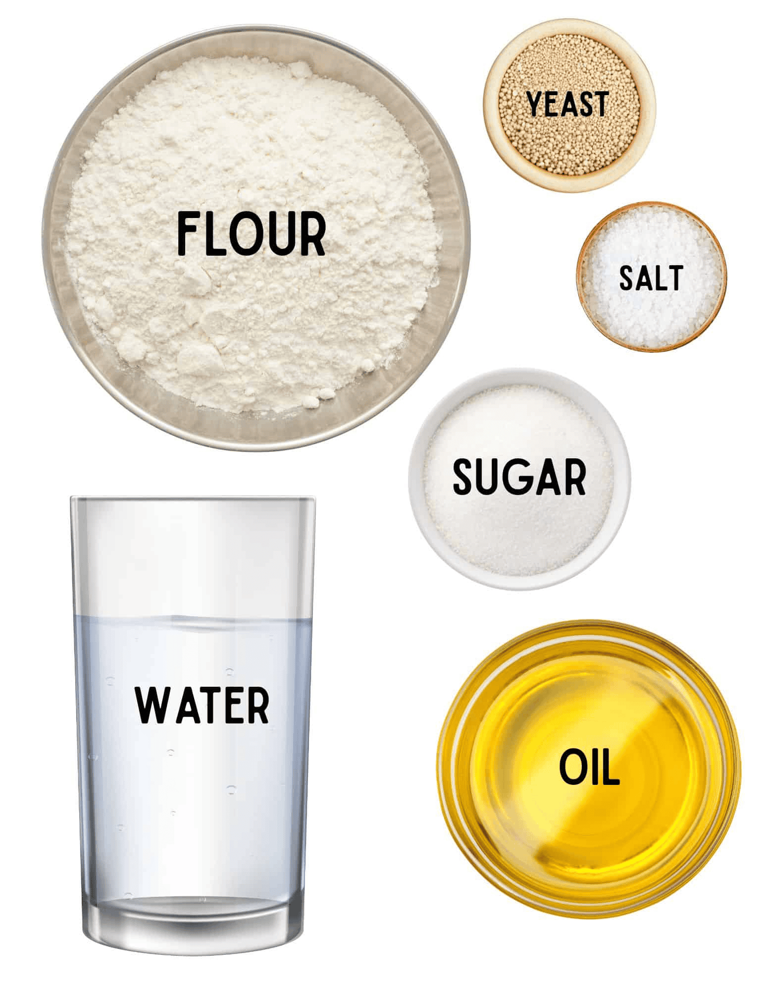 Bowls of flour, yeast, salt, sugar, oil, and water.